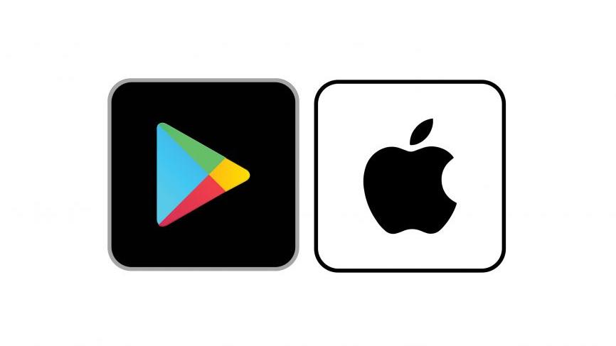 This image has two logos beside each other. On the left is the logo for Google Play. The logo is a black square with a triangle in the middle. The triangle is made up of the four colours that represent Google - blue, green, red and yellow. On the right is the Apple logo. The logo is a white square with the silhouette of an apple in the middle. The apple has a bite taken out of it on the right side.